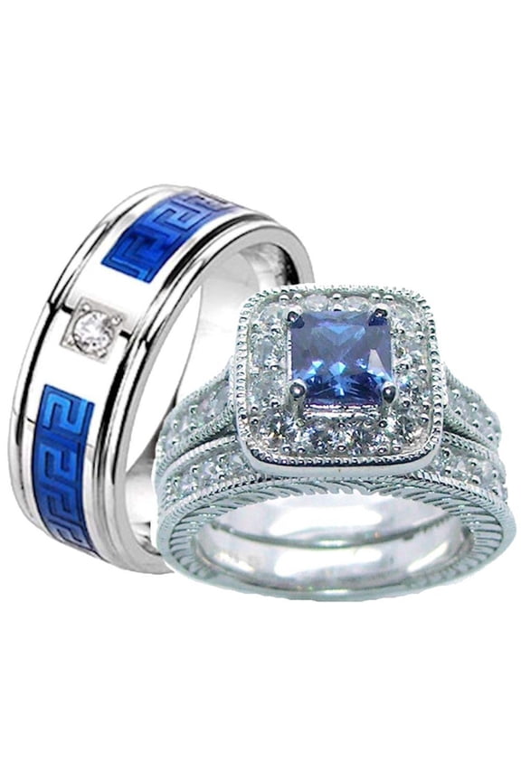 His Hers Blue & Clear Cz Wedding Ring Set Sterling Silver and Stainless Steel