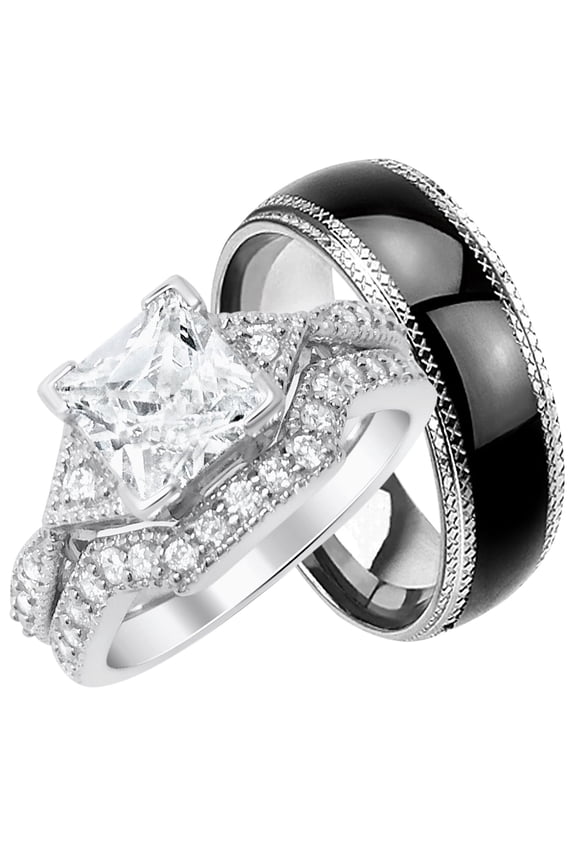 His Hers CZ Wedding Engagement Ring Set Matching Trio Bands Her 6 Him 10