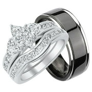 LARASO & CO His Hers CZ Wedding Ring Set Sterling Matching Silver Black Titanium Bands for Him Her