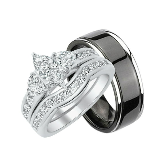 His Hers CZ Wedding Ring Set Sterling Matching Silver Black Titanium Bands for Him Her