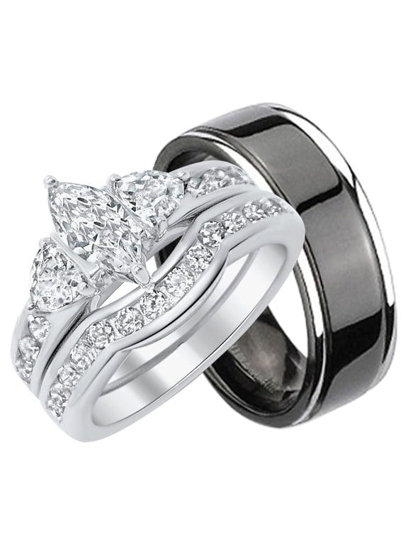 His Hers CZ Wedding Ring Set Sterling Matching Silver Black Titanium Bands for Him Her