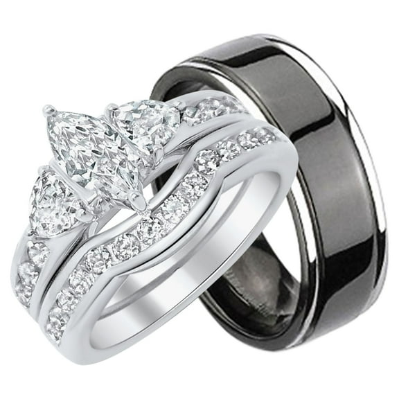 His Hers CZ Wedding Ring Set Sterling Matching Silver Black Titanium Bands for Him Her