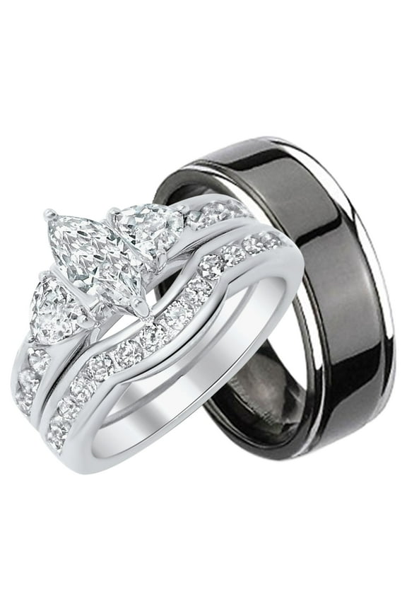 His Hers CZ Wedding Ring Set Sterling Matching Silver Black Titanium Bands for Him Her