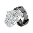 thumbnail image 1 of His Hers CZ Wedding Ring Set Sterling Matching Silver Black Titanium Bands for Him Her, 1 of 5