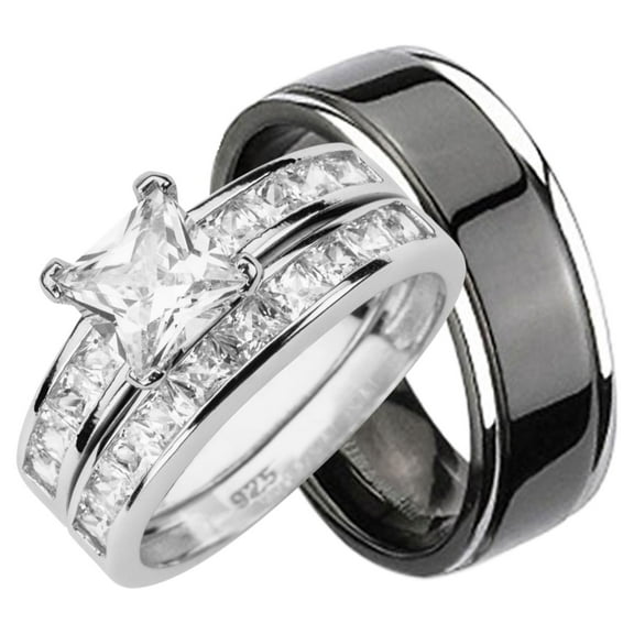 His Hers CZ Wedding Ring Set Sterling Silver Black Titanium Bands for Him Her (10/10)