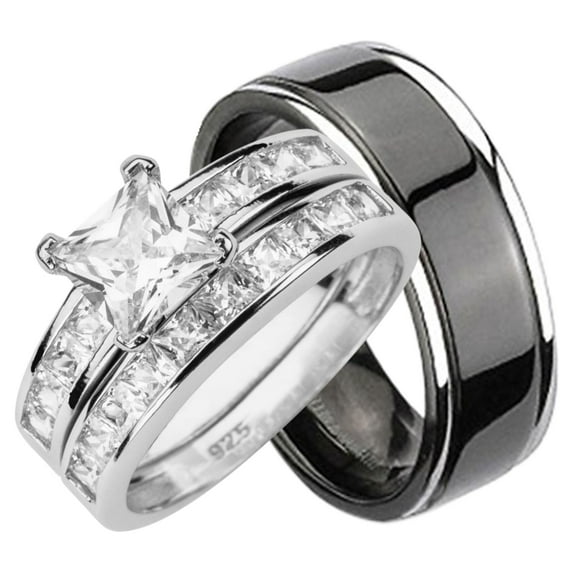 His Hers CZ Wedding Ring Set Sterling Silver Black Titanium Bands for Him Her (7/9)