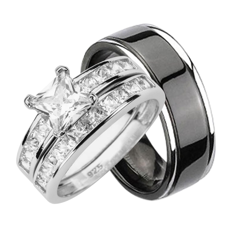 Men's Black Titanium AAA Cubic Zirconia Wedding Band Ring - Sizes 9 To 13