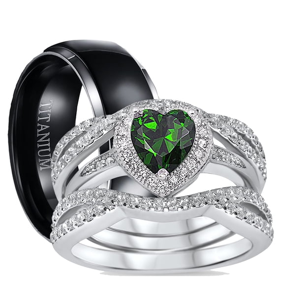 His Hers CZ Wedding Ring Set Sterling Silver Black Titanium Wedding Bands Him Her 10/9