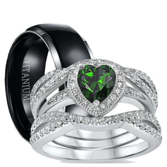 His Hers CZ Wedding Ring Set Sterling Silver Black Titanium Wedding Bands Him Her 12/8