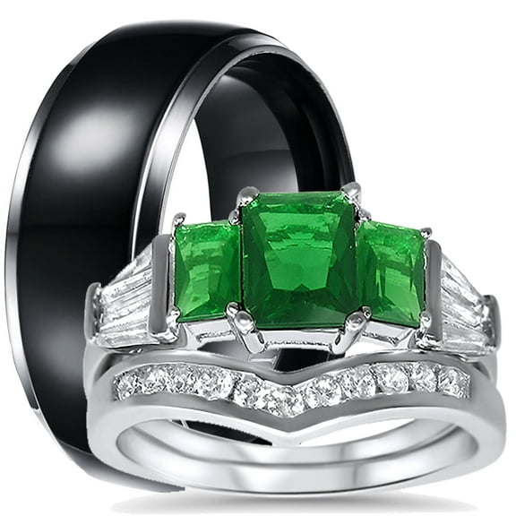 His Hers CZ Wedding Ring Set Sterling Silver Black Titanium Wedding Bands Him Her 5/13