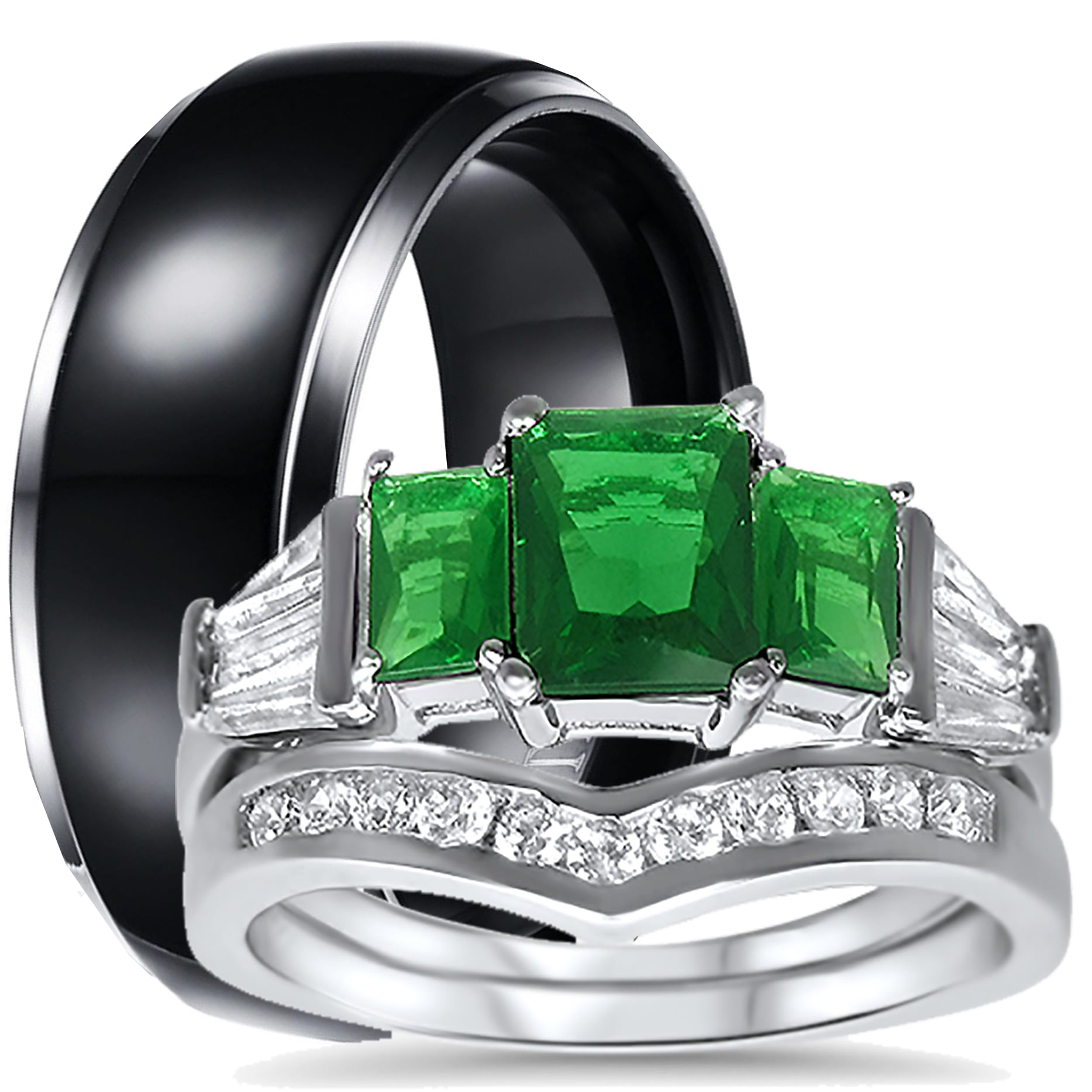 His Hers CZ Wedding Ring Set Sterling Silver Black Titanium Wedding