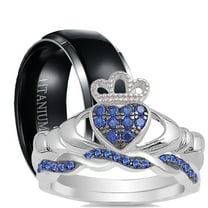 His Hers CZ Wedding Ring Set Sterling Silver Black Titanium Wedding Bands Him Her 9/9