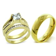 His Hers Couple 7x7mm Princess CZ Gold Plated Stainless Steel Wedding Ring set Mens Gold Band- Size W7M8