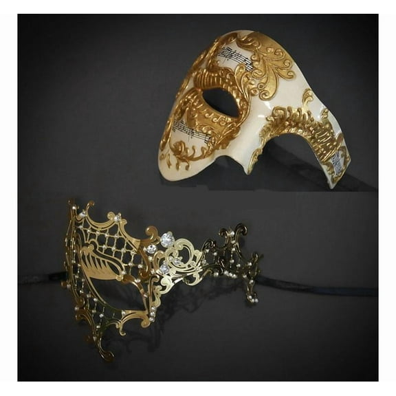 His & Hers Couple Phantom of the Opera Masquerade Masks Set Gold Couple Masks