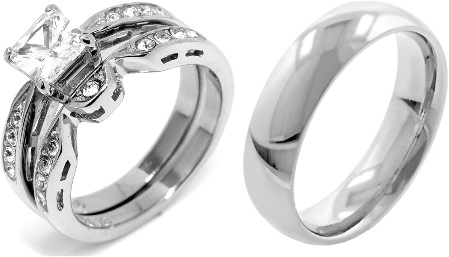 His Hers Couple Ring Set Womens 1 Ct Princess CZ Stainless Steel