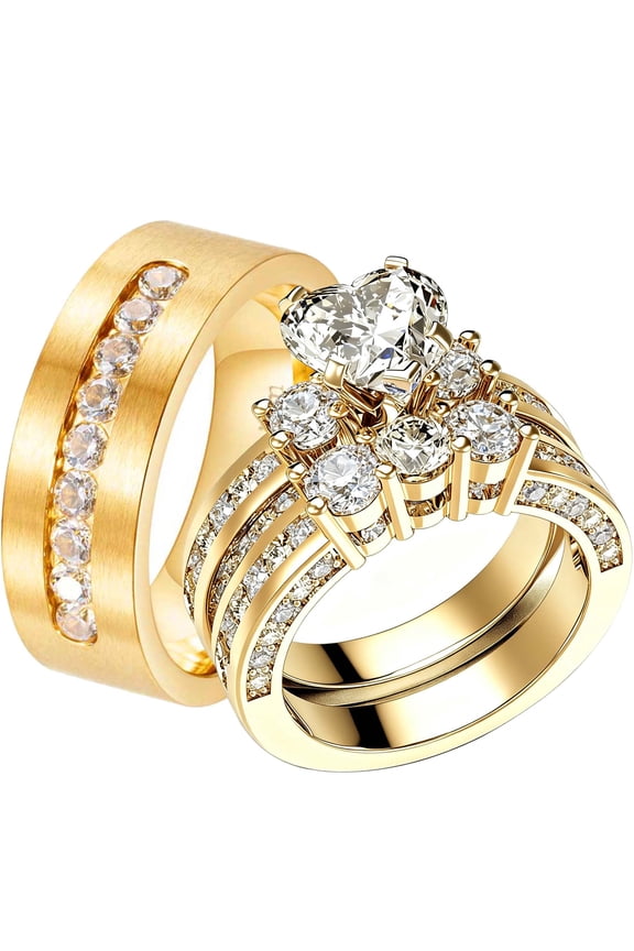 His & Hers Couple Rings Set Gold Plated Wedding Band for Women 1CT Heart Cut 5A Cubic Zirconia Engagement Ring Men's Titanium Steel Band