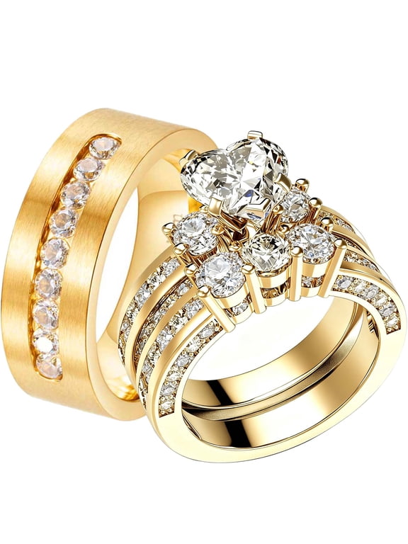 His & Hers Couple Rings Set Gold Plated Wedding Band for Women 1CT Heart Cut 7A Cubic Zirconia Engagement Ring Men's Titanium Steel Band
