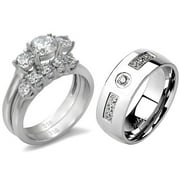 His Hers Couple Womens Stainless Steel 3 Stone Wedding Ring Set Mens 7 CZ Band- Size W7M7