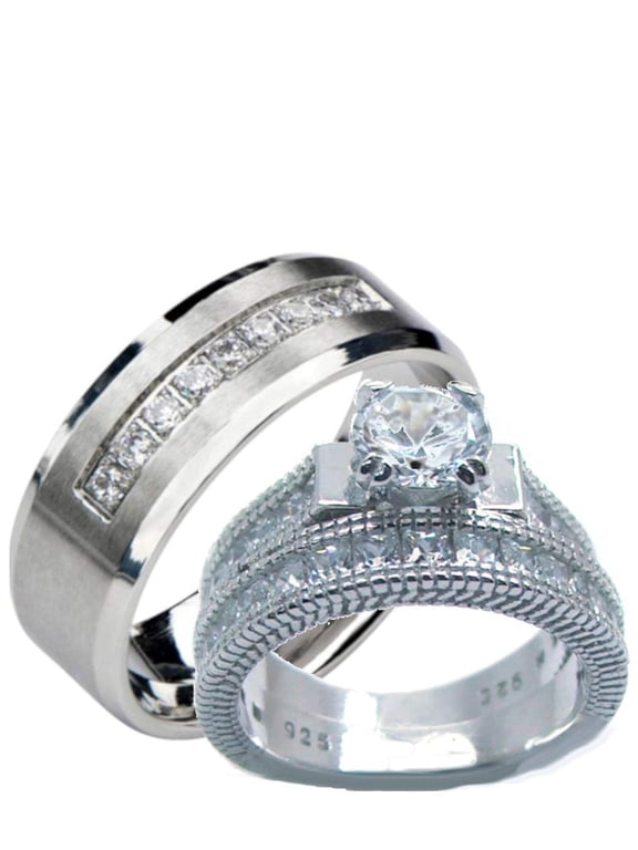 His Hers Cz Engagement Wedding Ring Set Sterling Silver Stainless Steel