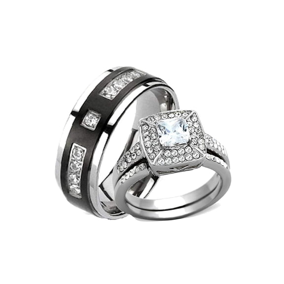 His Hers Cz Halo and Black Titanium Wedding Engagement Ring Set