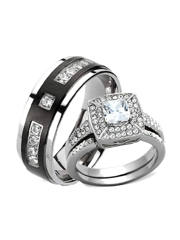 His Hers Cz Halo and Black Titanium Wedding Engagement Ring Set