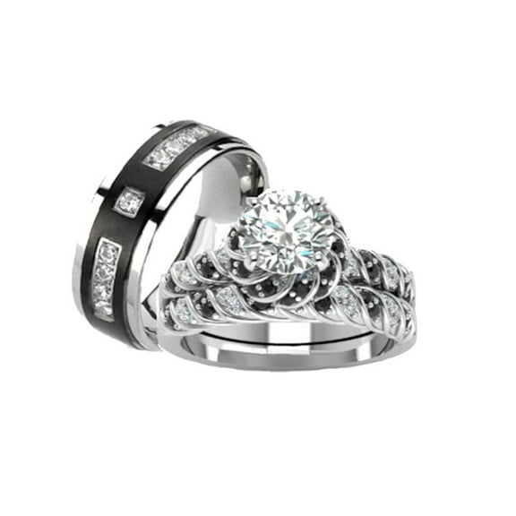 His Hers Cz Wedding Ring Set Sterling Silver & Titanium Wedding Rings
