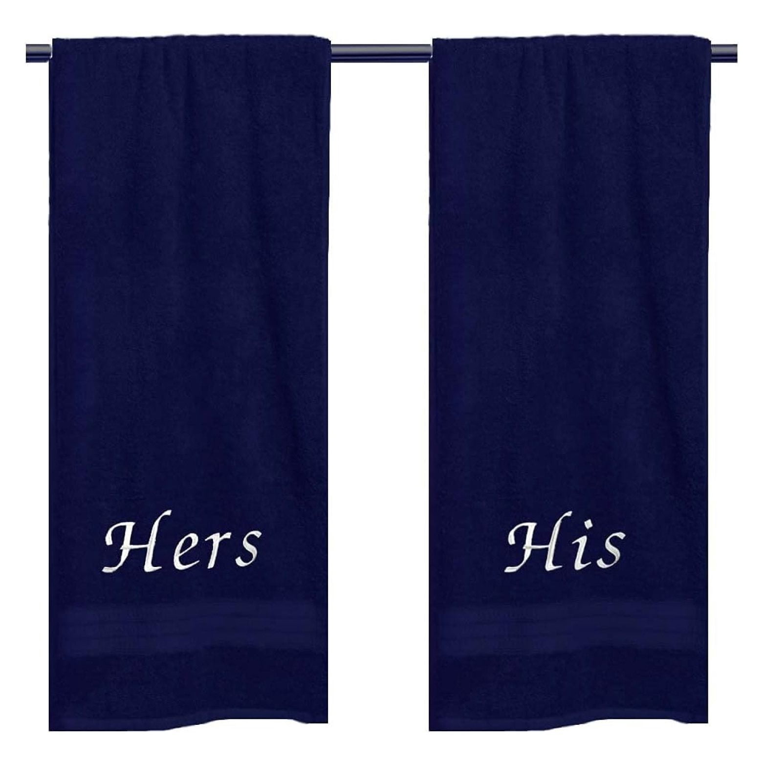 His & Hers Embroidered Cotton Bath Towels. Bath Towels Set Includes: 1 His Bath Towel and 1 Hers Bath Towel. (Dark Blue)