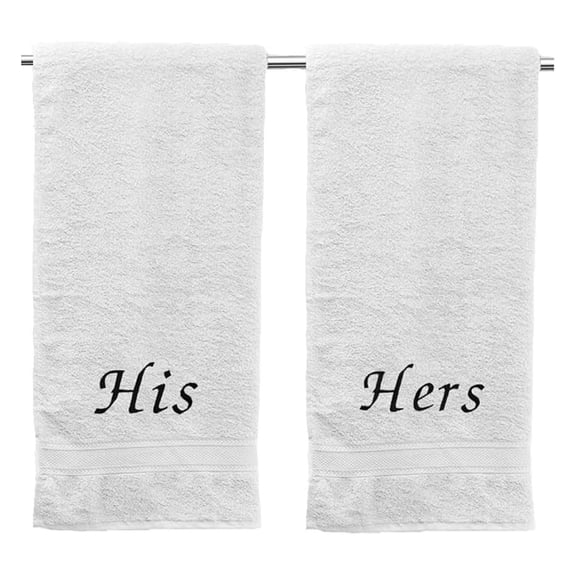 His & Hers Embroidered Cotton Bath Towels. Bath Towels Set Includes: 1 His Bath Towel and 1 Hers Bath Towel. (White)