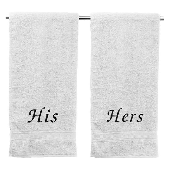 His & Hers Embroidered Cotton Bath Towels. Bath Towels Set Includes: 1 His Bath Towel and 1 Hers Bath Towel. (White)