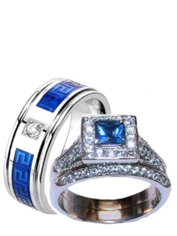 His & Hers Halo Sapphire Blue & Clear Cz Wedding Ring Set Stainless Steel
