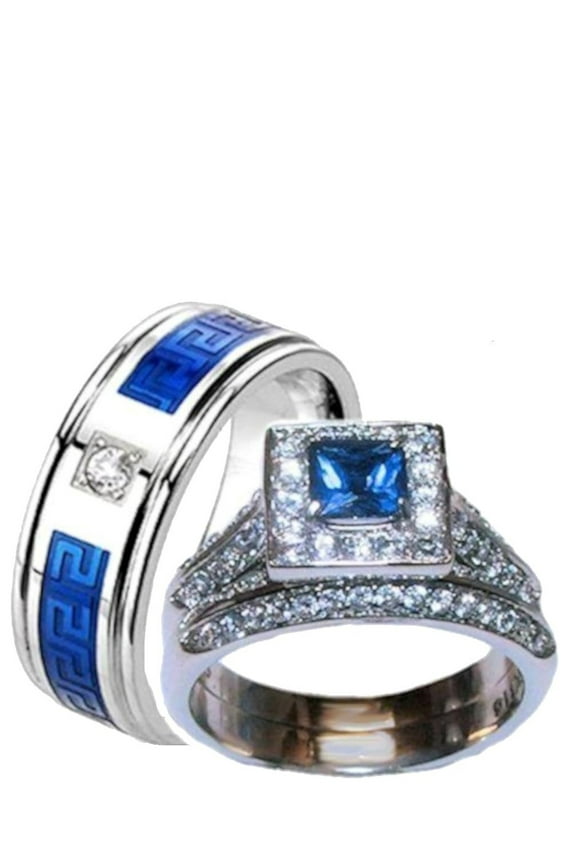 His & Hers Halo Sapphire Blue & Clear Cz Wedding Ring Set Stainless Steel