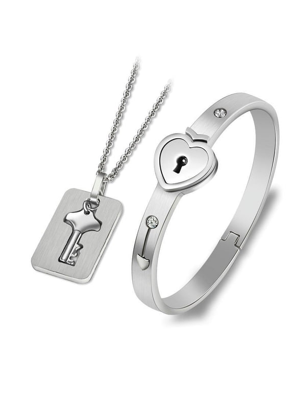 His & Hers Jewelry Matching Set, Couples Charm Key Necklace Lock Bracelet Set, Personalized Stainless Steel Jewelry Valentines Gift
