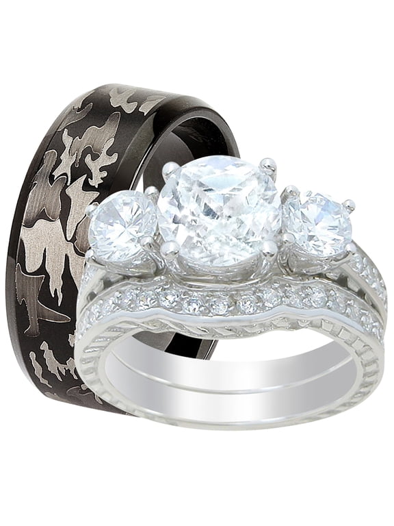 His Hers Matching Wedding Engagement Ring Set Trio Titanium Sterling Silver Black Bridal CZ Rings 13/8