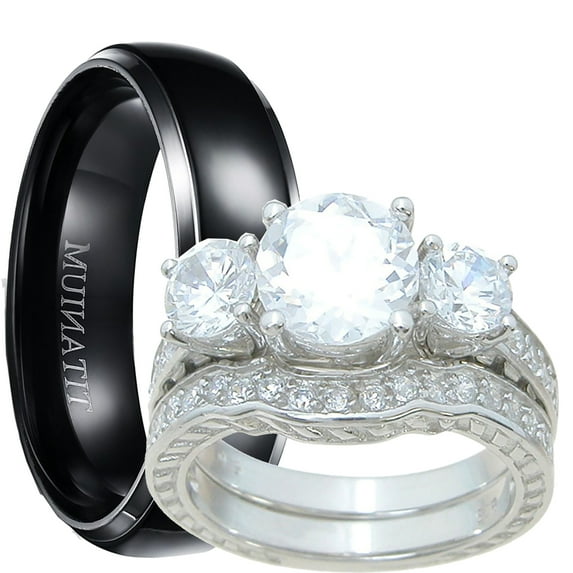 His Hers Matching Wedding Engagement Ring Set Trio Titanium Sterling Silver Black Bridal CZ Rings (7/11)