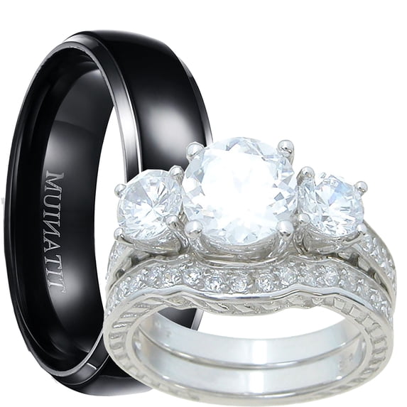 His Hers Matching Wedding Engagement Ring Set Trio Titanium Sterling Silver Black Bridal CZ Rings (9/11)