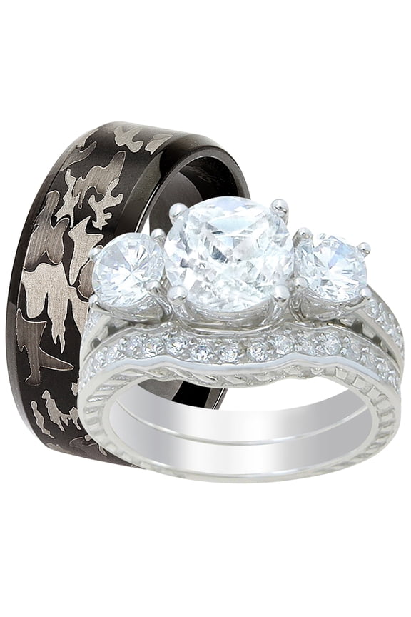 His Hers Matching Wedding Engagement Ring Set Trio Titanium Sterling Silver Black Bridal CZ Rings 9/8