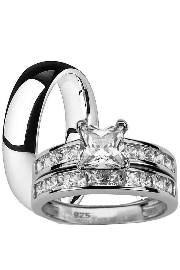 His Hers Matching Wedding Ring Sets Sterling Silver Titanium Bands for Him Her (11/6)