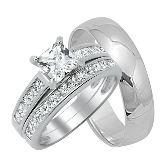 His Hers Matching Wedding Ring Sets Sterling Silver Titanium Bands for Him Her (7/6)