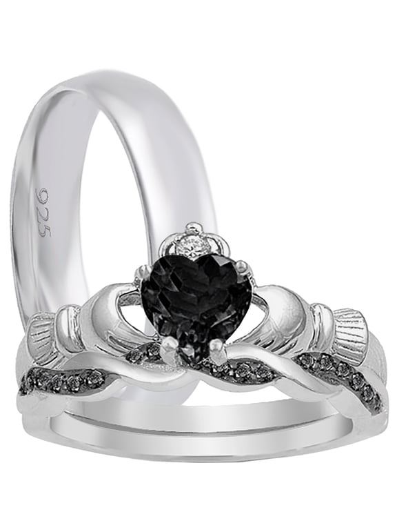 His Her TRIO Wedding Set Black Silver Celtic Claddagh Wedding Rings 7 10