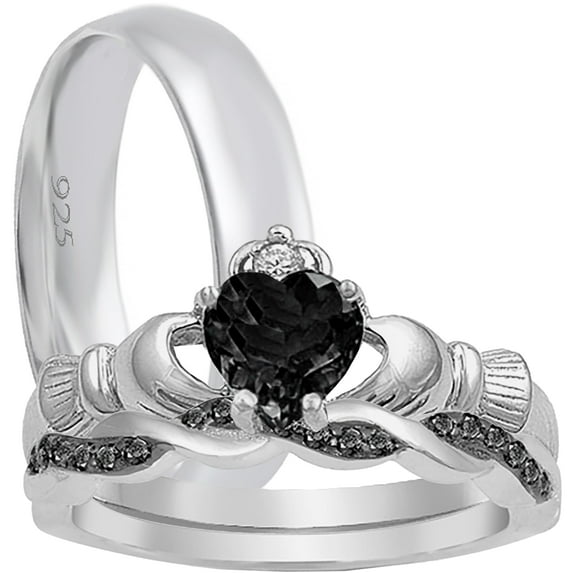 LaRaso & Co His Her TRIO Wedding Set Black Silver Celtic Claddagh Wedding Rings 8 13