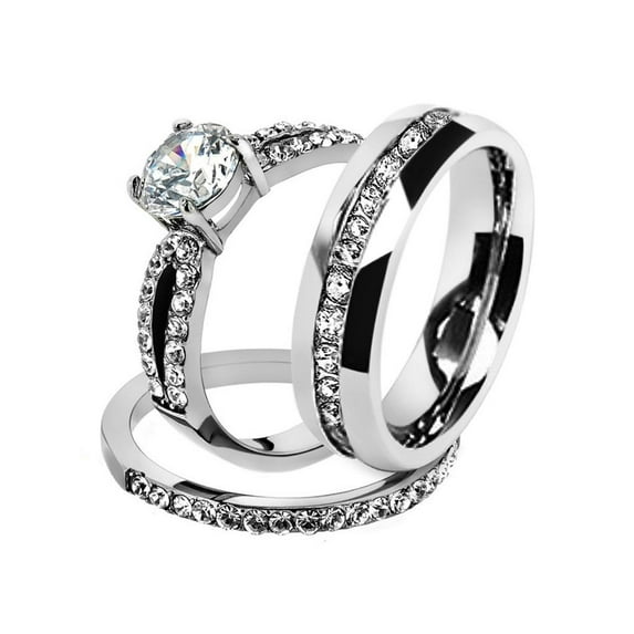 His & Hers Stainless Steel 1.25 Ct Cz Bridal Set & Men's Eternity Wedding Band Women's Women's Size 10 Men's 06mm Size 08