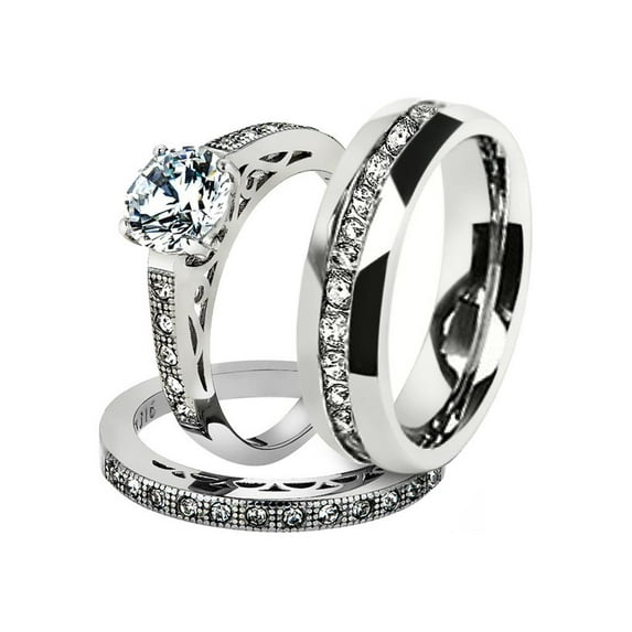 His & Hers Stainless Steel 1.39 Ct Cz Bridal Set & Men's Eternity Wedding Band Women's Women's Size 09 Men's 08mm Size 12