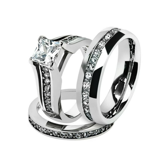 His & Hers Stainless Steel 2.10 Ct Cz Bridal Set & Men's Eternity Wedding Band Women's Women's Size 07 Men's 06mm Size 05