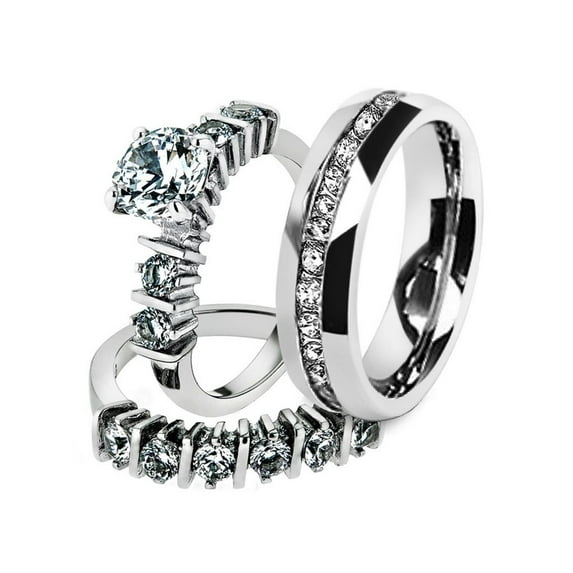 His & Hers Stainless Steel 2.38 Ct Cz Bridal Set & Men's Eternity Wedding Band Women's Women's Size 09 Men's 06mm Size 09