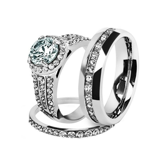 His & Hers Stainless Steel 2.45 Ct Cz Bridal Set & Men's Eternity Wedding Band Women's Women's Size 07 Men's 06mm Size 07