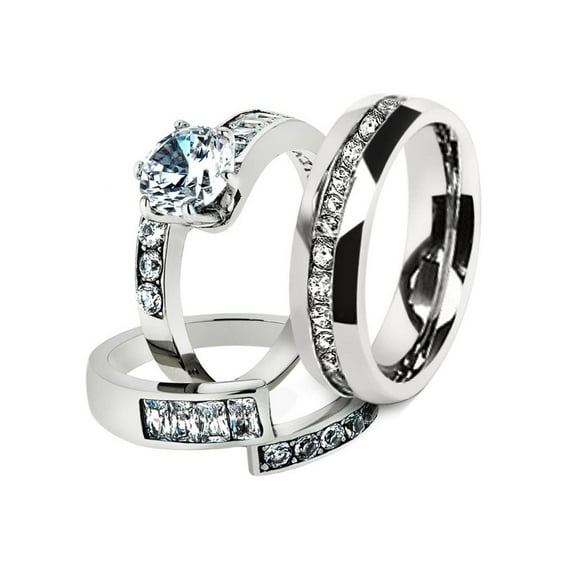 His & Hers Stainless Steel 2.50 Ct Cz Bridal Set & Men's Eternity Wedding Band Women's Women's Size 10 Men's 06mm Size 11