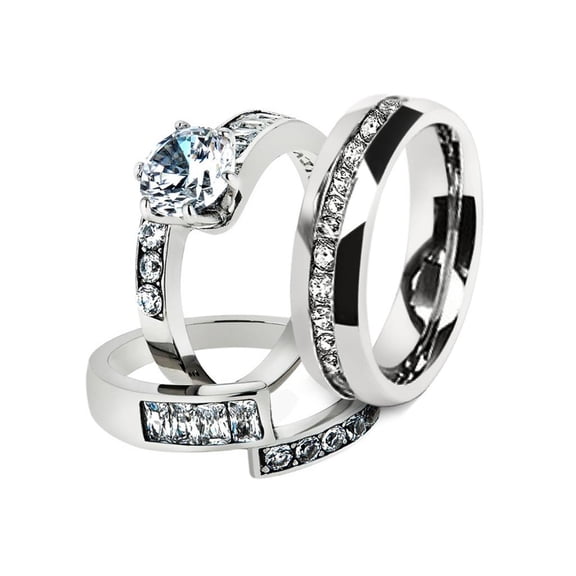 His & Hers Stainless Steel 2.50 Ct Cz Bridal Set & Men's Eternity Wedding Band Women's Women's Size 10 Men's 08mm Size 09