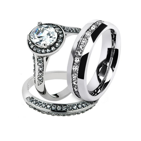 His & Hers Stainless Steel 2.60 Ct Cz Bridal Set & Men's Eternity Wedding Band Women's Women's Size 07 Men's 08mm Size 11