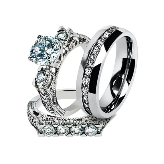 His & Hers Stainless Steel 2.95 Ct Cz Bridal Set & Men's Eternity Wedding Band Women's Women's Size 06 Men's 06mm Size 10