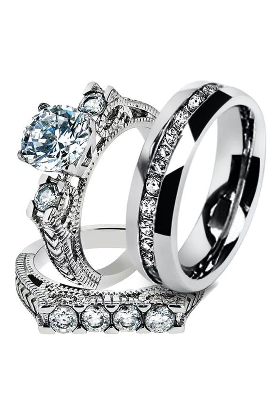 His & Hers Stainless Steel 2.95 Ct Cz Bridal Set & Men's Eternity Wedding Band Women's Women's Size 08 Men's 06mm Size 11